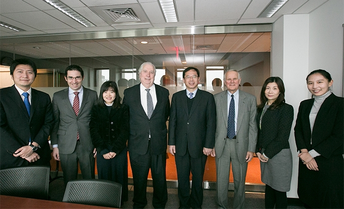 (Left to right) Sheng Zhang, Staff, Department of Legal Affairs (CSRC); CLS Prof. Josh Mitts; Juan Luo, Division Director, Office of Administrative Sanctions (CSRC); CLS Prof. John Coffee; Hehong Cheng, Director-General, Department of Legal Affairs (CSRC); CLS Prof. Merritt Fox; Yan Fu, Director, Legal Department, Shenzhen Stock (CSRC); and Ran Yi, Staff, Department of International Affairs (CSRC)